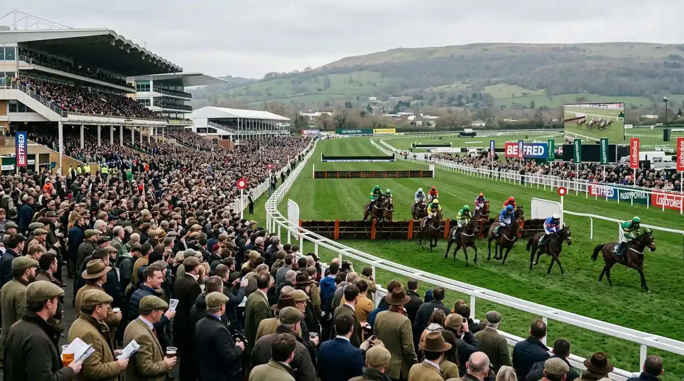 Cheltenham Festival racecourse with crowds watching jump racing over hurdles