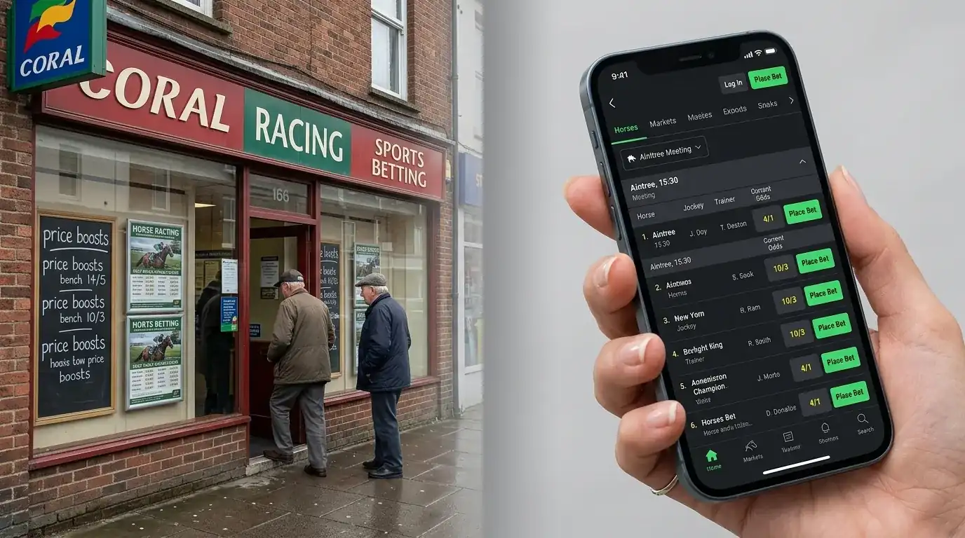 Split image showing traditional betting shop exterior and modern mobile crypto sportsbook interface