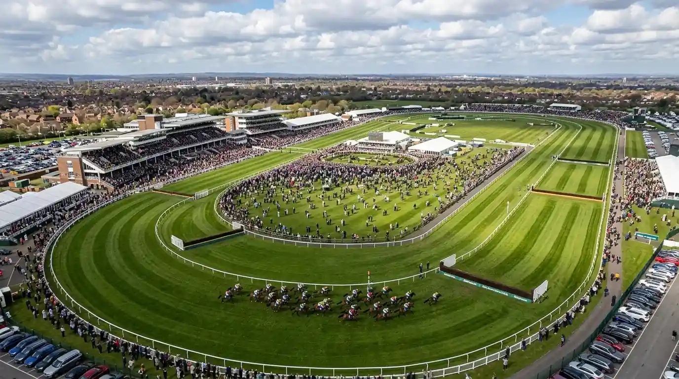 Aerial view of Aintree racecourse packed with spectators during Grand National festival